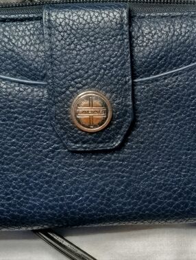 Tahari Navy Pebbled Leather Wallet with Gold-Tone Button